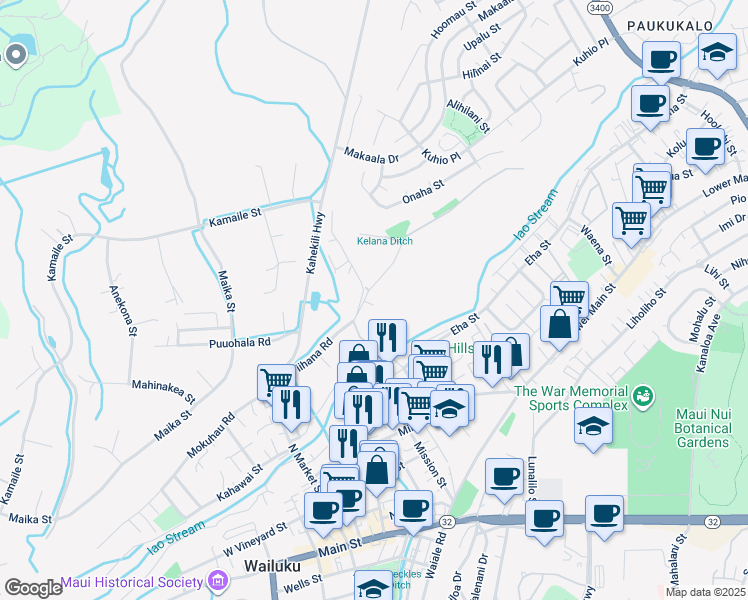 map of restaurants, bars, coffee shops, grocery stores, and more near 389 Neki Place in Wailuku