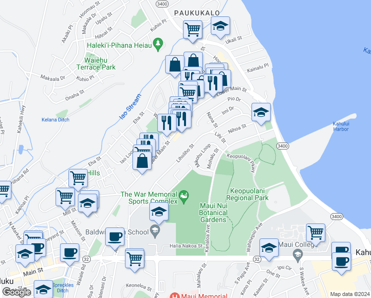 map of restaurants, bars, coffee shops, grocery stores, and more near 431 Liholiho Street in Wailuku