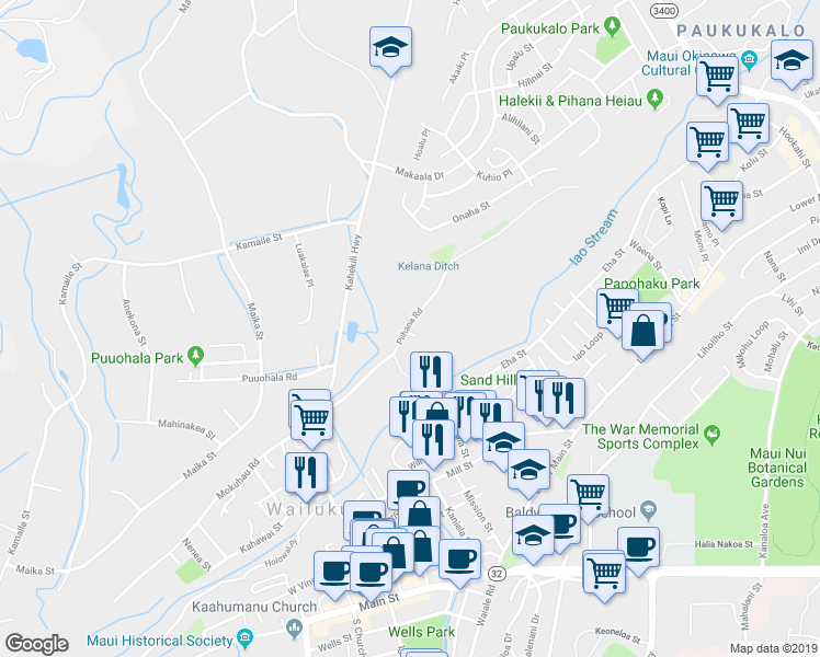 map of restaurants, bars, coffee shops, grocery stores, and more near 395 Neki Place in Wailuku