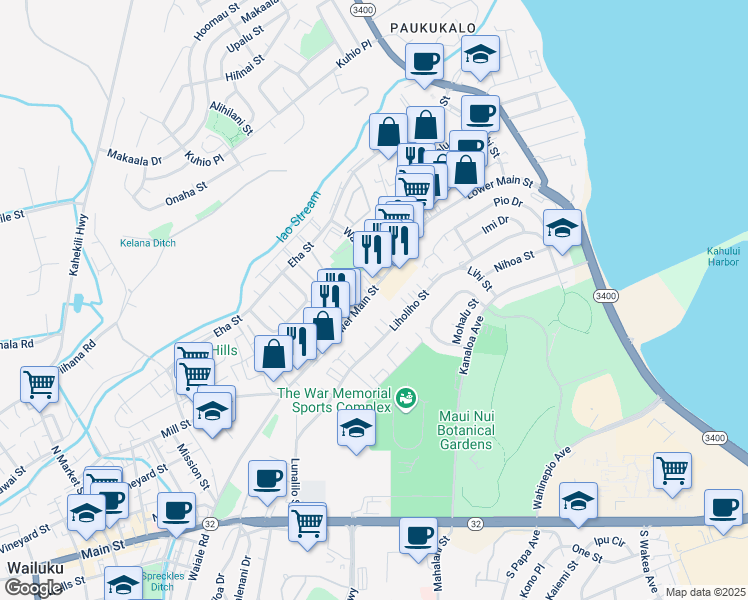 map of restaurants, bars, coffee shops, grocery stores, and more near 1132 Lower Main Street in Wailuku