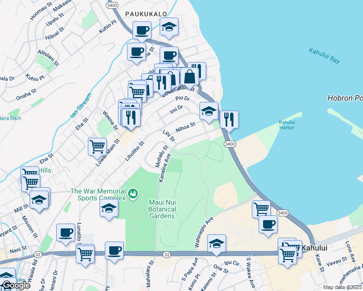 map of restaurants, bars, coffee shops, grocery stores, and more near 360 Kanaloa Avenue in Kahului