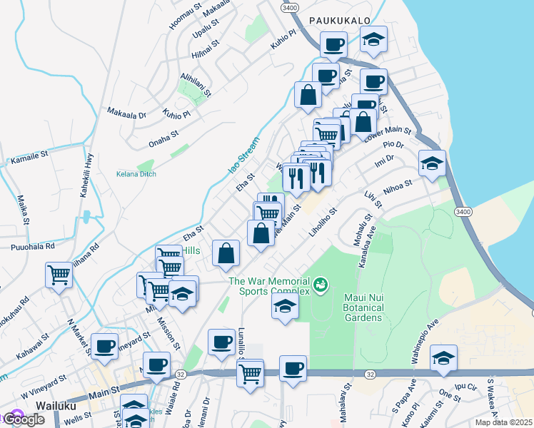 map of restaurants, bars, coffee shops, grocery stores, and more near 240 Kawaipuna Place in Wailuku