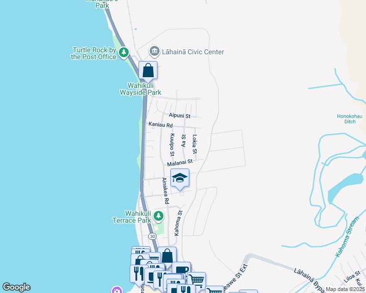 map of restaurants, bars, coffee shops, grocery stores, and more near Aa Street in Lahaina