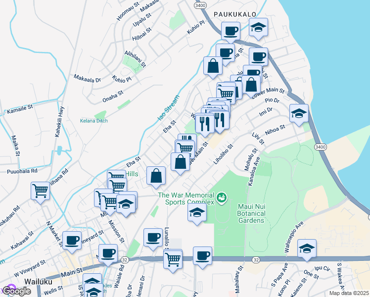map of restaurants, bars, coffee shops, grocery stores, and more near 240 Kawaipuna Place in Wailuku