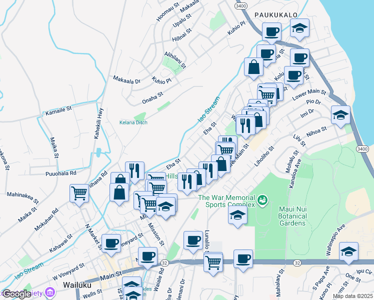 map of restaurants, bars, coffee shops, grocery stores, and more near 7 Kawaikini Place in Wailuku