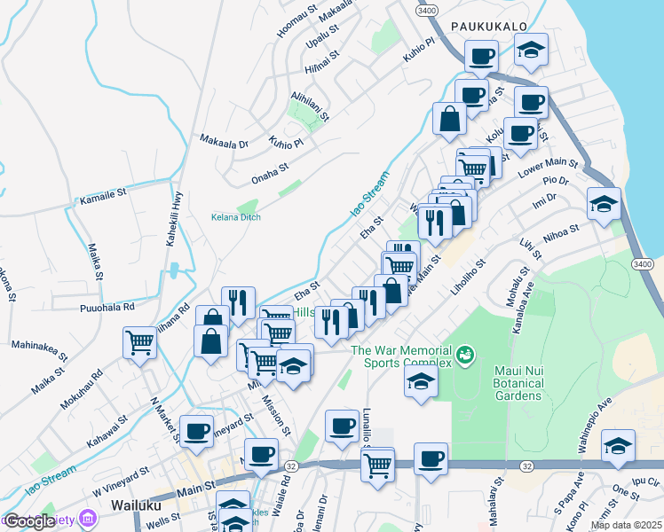 map of restaurants, bars, coffee shops, grocery stores, and more near 7 Kawaikini Place in Wailuku