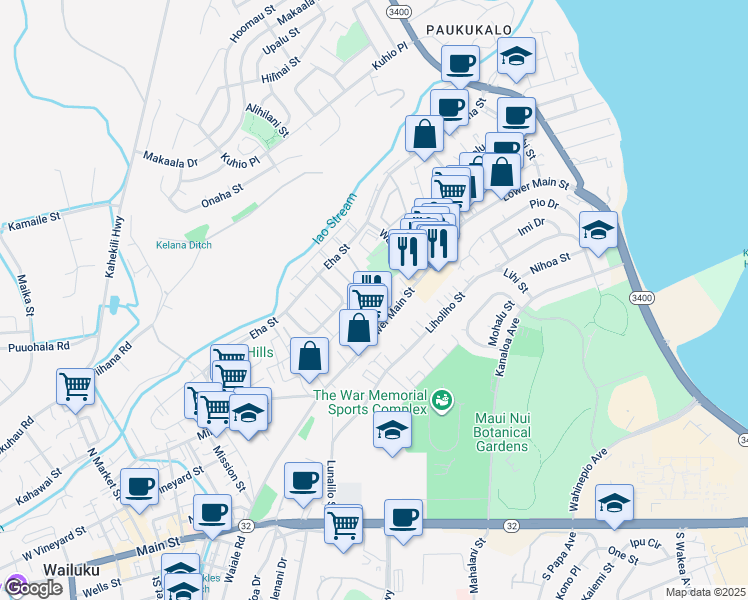 map of restaurants, bars, coffee shops, grocery stores, and more near 80 Waiaka Lane in Wailuku