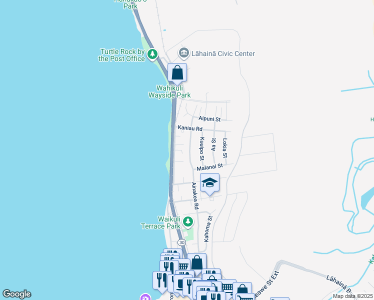 map of restaurants, bars, coffee shops, grocery stores, and more near 1564 Malo Street in Lahaina