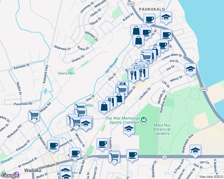 map of restaurants, bars, coffee shops, grocery stores, and more near 44 Iao Loop in Wailuku
