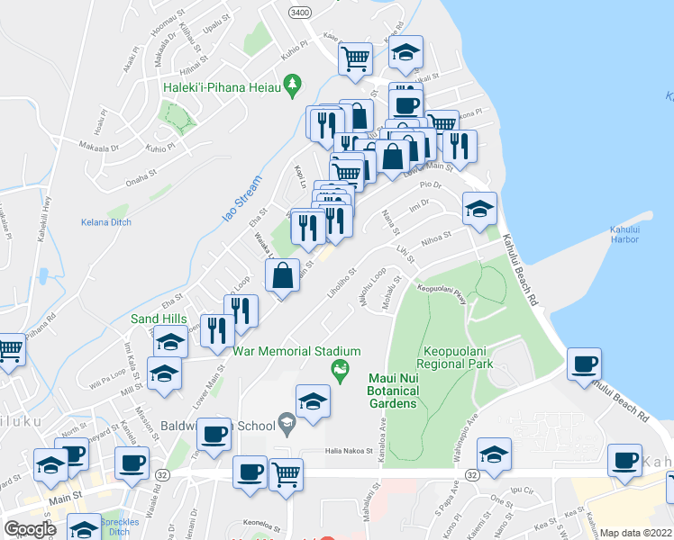 map of restaurants, bars, coffee shops, grocery stores, and more near 427 Liholiho Street in Wailuku