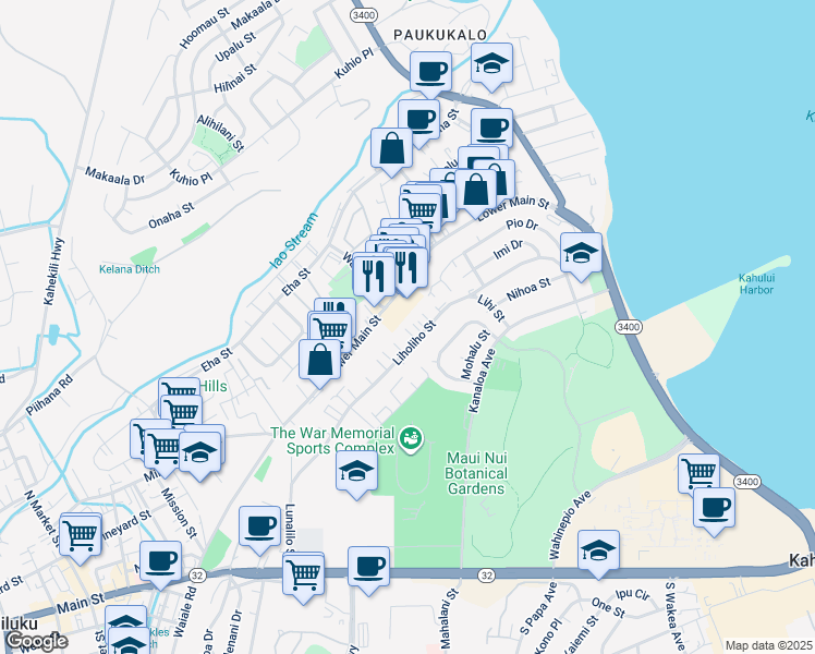 map of restaurants, bars, coffee shops, grocery stores, and more near 427 Liholiho Street in Wailuku