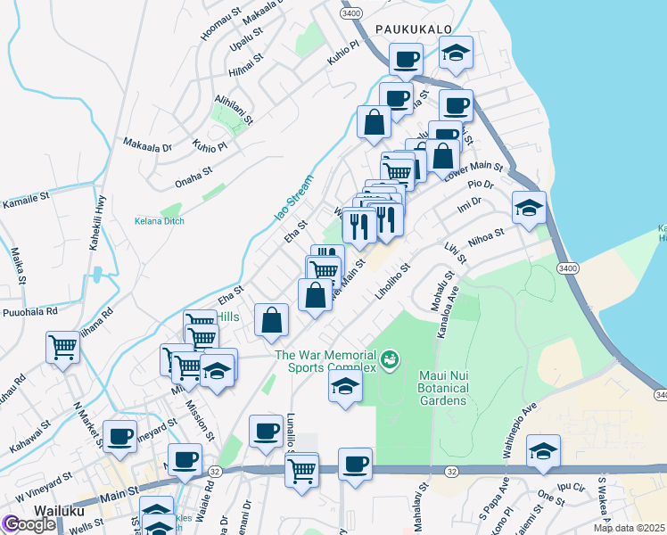 map of restaurants, bars, coffee shops, grocery stores, and more near 80 Waiaka Lane in Wailuku