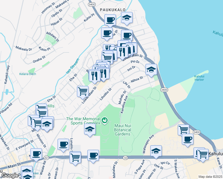 map of restaurants, bars, coffee shops, grocery stores, and more near 450 Liholiho Street in Wailuku