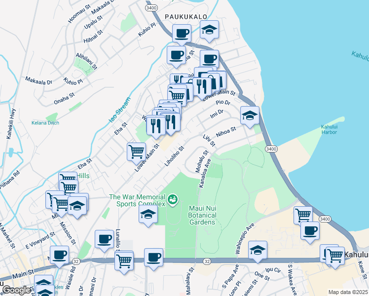 map of restaurants, bars, coffee shops, grocery stores, and more near 450 Liholiho Street in Wailuku