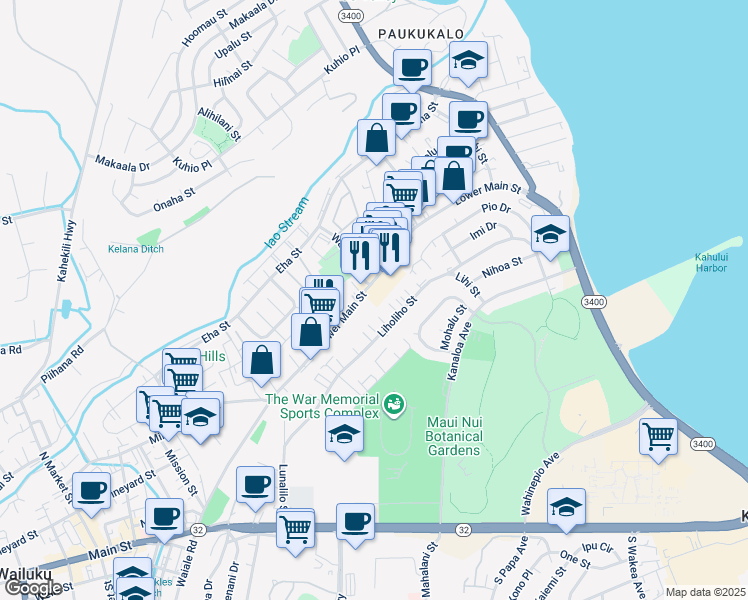 map of restaurants, bars, coffee shops, grocery stores, and more near 1129 Lower Main Street in Wailuku