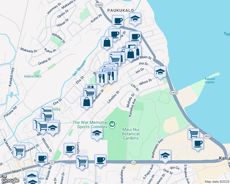 map of restaurants, bars, coffee shops, grocery stores, and more near 447 Liholiho Street in Wailuku