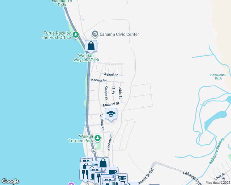 map of restaurants, bars, coffee shops, grocery stores, and more near 1614 Aa Street in Lahaina