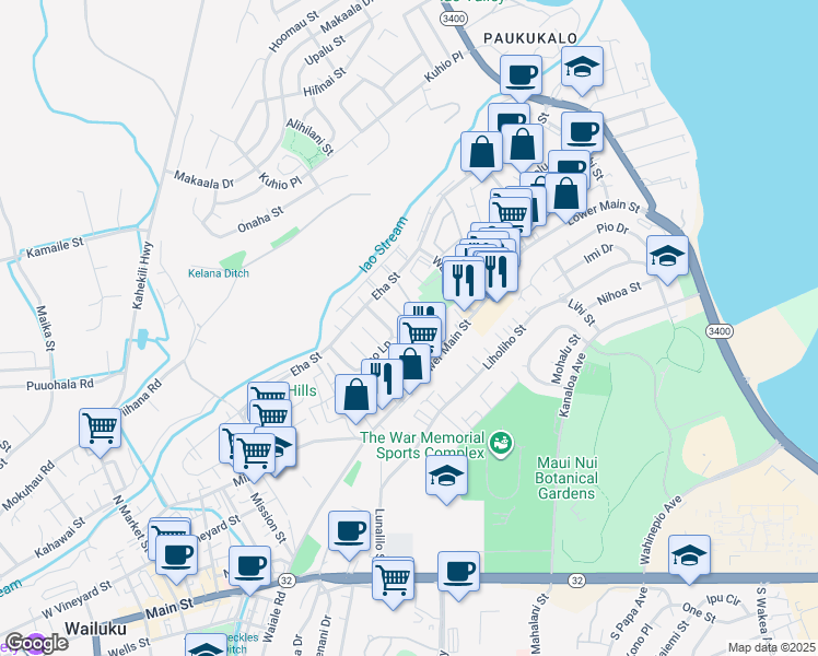 map of restaurants, bars, coffee shops, grocery stores, and more near 70 Waiaka Lane in Wailuku