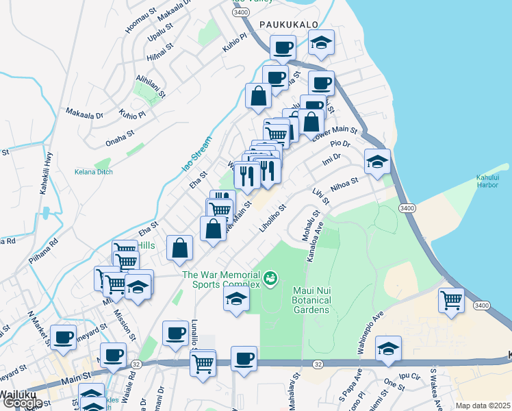 map of restaurants, bars, coffee shops, grocery stores, and more near 1129 Lower Main Street in Wailuku