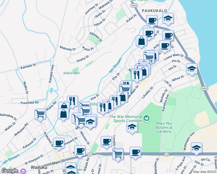 map of restaurants, bars, coffee shops, grocery stores, and more near 39 Mokuhala Place in Wailuku