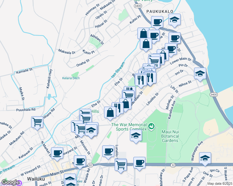 map of restaurants, bars, coffee shops, grocery stores, and more near 32 Iao Loop in Wailuku