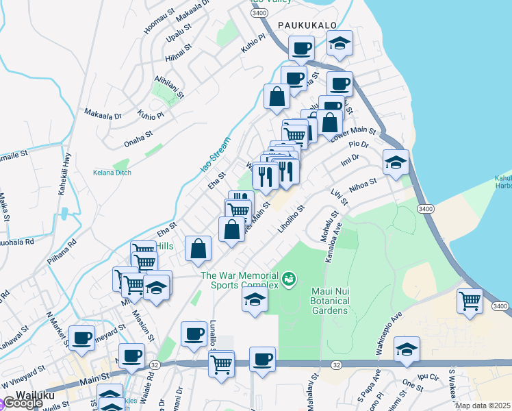 map of restaurants, bars, coffee shops, grocery stores, and more near 1162 Lower Main Street in Wailuku