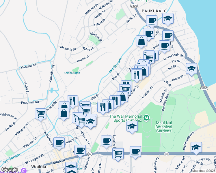 map of restaurants, bars, coffee shops, grocery stores, and more near 39 Mokuhala Place in Wailuku