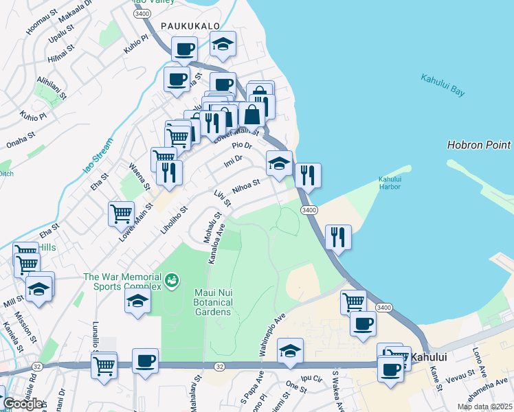 map of restaurants, bars, coffee shops, grocery stores, and more near 398 Kanaloa Avenue in Kahului