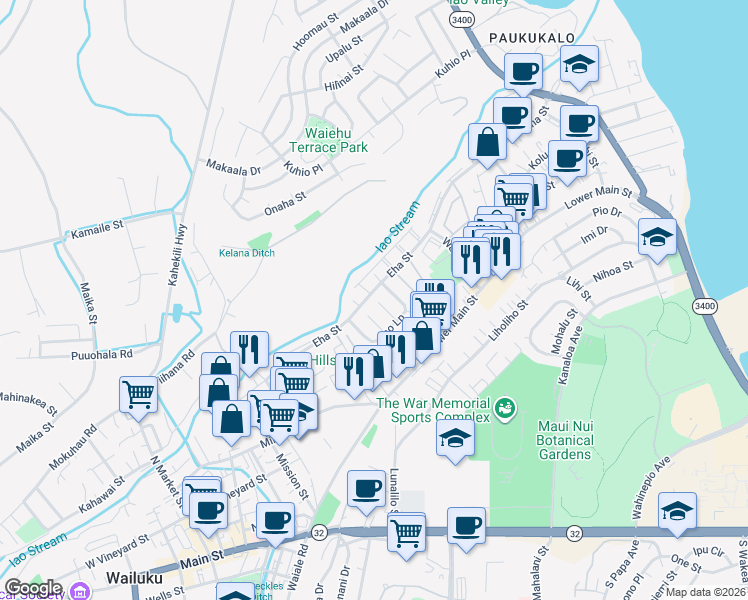 map of restaurants, bars, coffee shops, grocery stores, and more near 39 Mokuhala Place in Wailuku