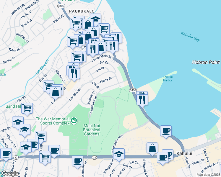 map of restaurants, bars, coffee shops, grocery stores, and more near 398 Kanaloa Avenue in Kahului
