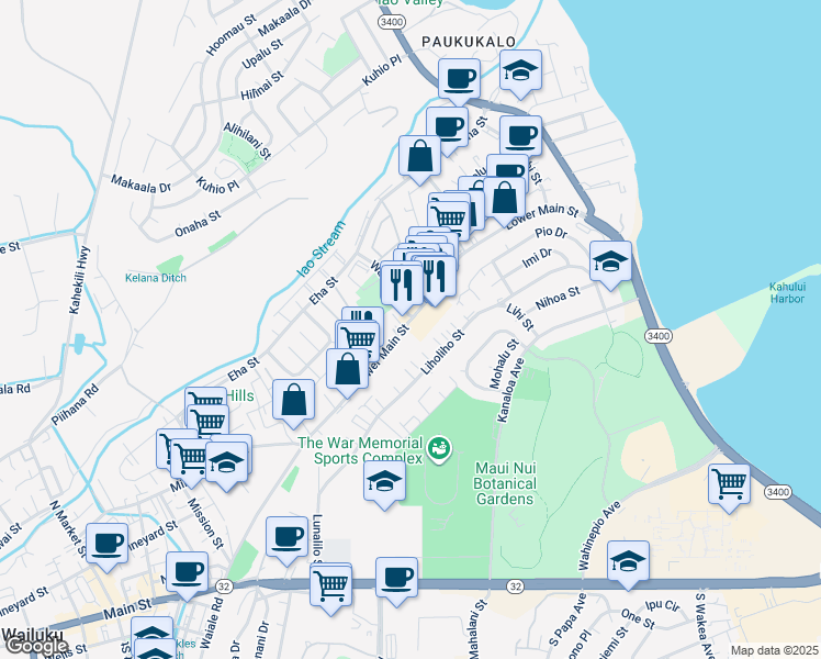 map of restaurants, bars, coffee shops, grocery stores, and more near 1129 Lower Main Street in Wailuku