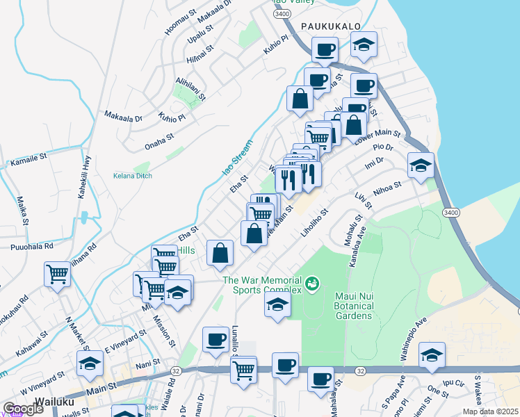 map of restaurants, bars, coffee shops, grocery stores, and more near 70 Waiaka Lane in Wailuku