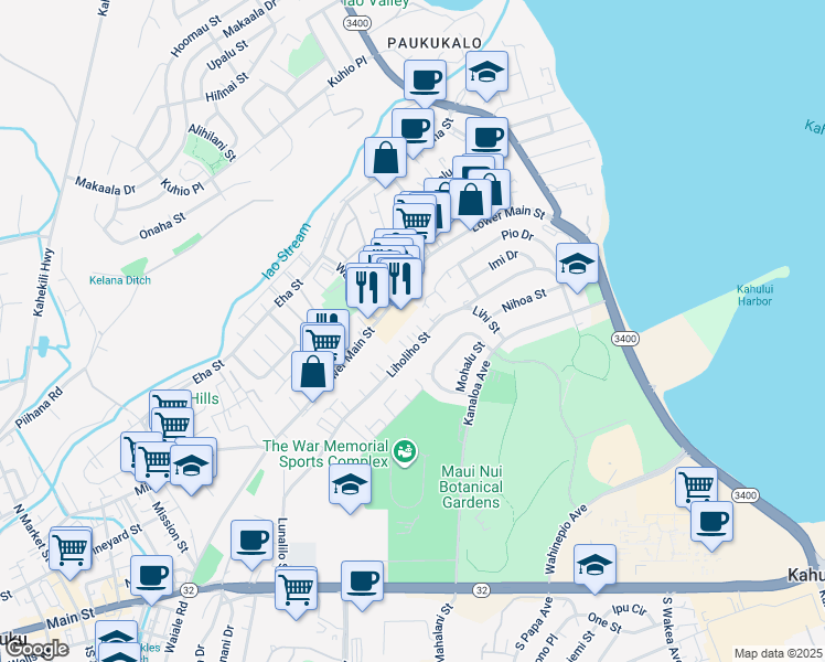 map of restaurants, bars, coffee shops, grocery stores, and more near 443 Liholiho Street in Wailuku