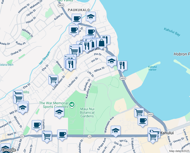map of restaurants, bars, coffee shops, grocery stores, and more near 418 Lihi Street in Kahului