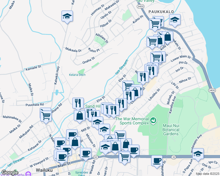map of restaurants, bars, coffee shops, grocery stores, and more near 14 Kawaikini Place in Wailuku