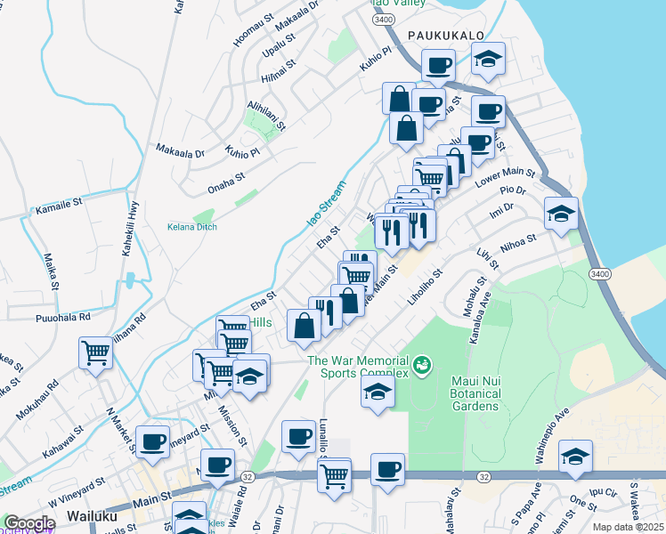 map of restaurants, bars, coffee shops, grocery stores, and more near 39 Iao Loop in Wailuku