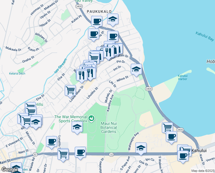 map of restaurants, bars, coffee shops, grocery stores, and more near 399 Mikohu Loop in Kahului