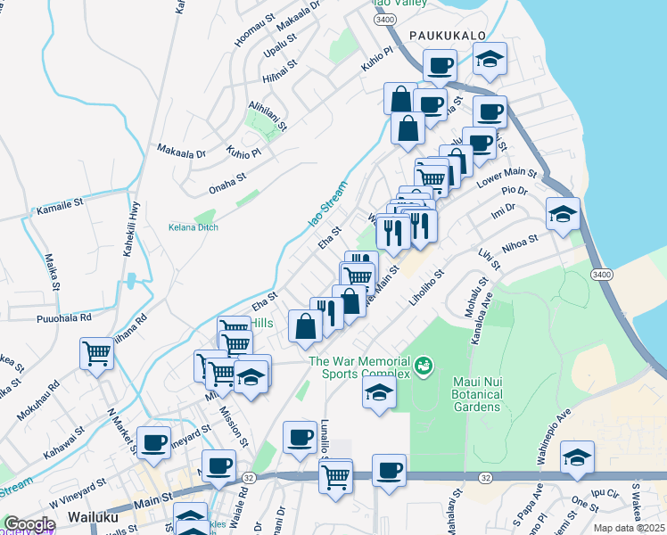 map of restaurants, bars, coffee shops, grocery stores, and more near 39 Iao Loop in Wailuku