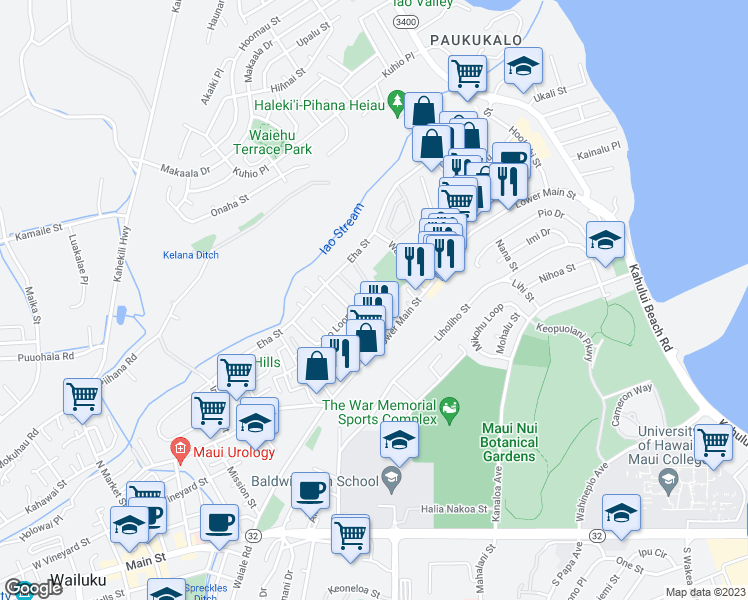 map of restaurants, bars, coffee shops, grocery stores, and more near 55 Waiaka Lane in Wailuku