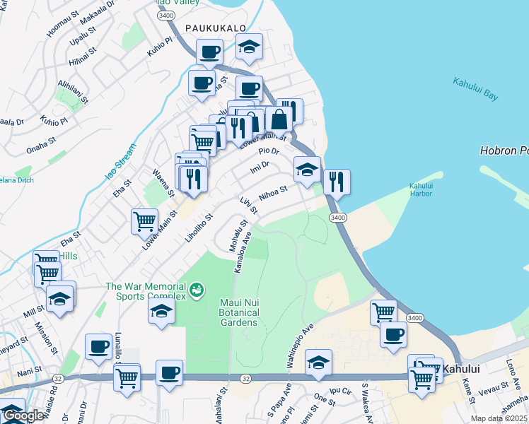 map of restaurants, bars, coffee shops, grocery stores, and more near 359 Kanaloa Avenue in Kahului