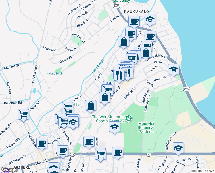 map of restaurants, bars, coffee shops, grocery stores, and more near 71 Waiaka Lane in Wailuku