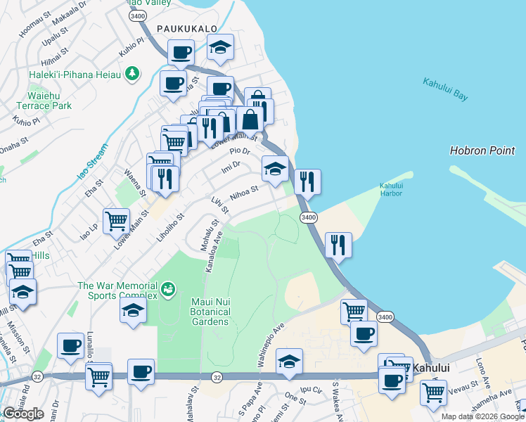 map of restaurants, bars, coffee shops, grocery stores, and more near 412 Kanaloa Avenue in Kahului