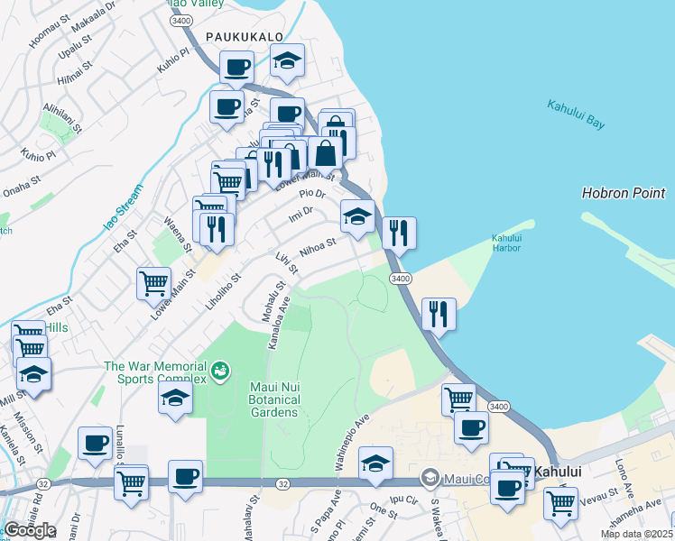 map of restaurants, bars, coffee shops, grocery stores, and more near 406 Kanaloa Avenue in Kahului