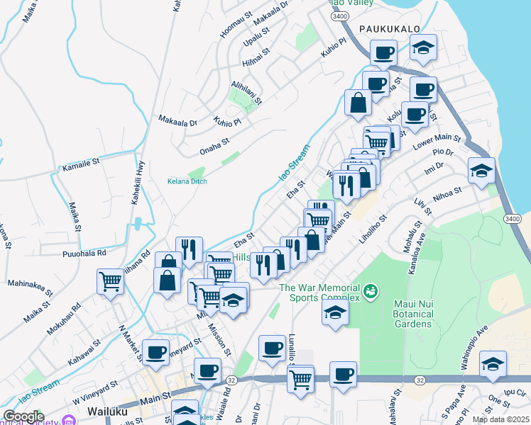 map of restaurants, bars, coffee shops, grocery stores, and more near 14 Kawaikini Place in Wailuku
