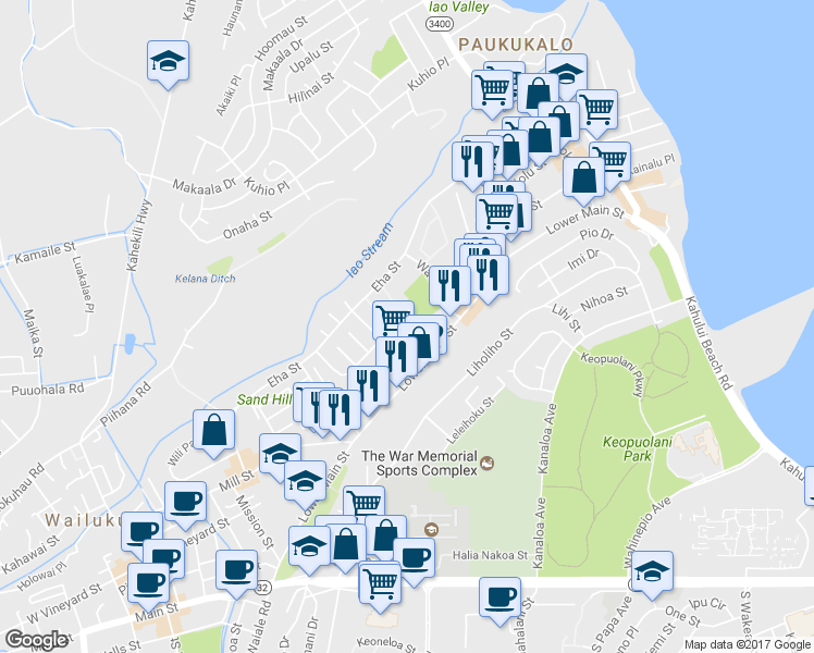 map of restaurants, bars, coffee shops, grocery stores, and more near 71 Waiaka Lane in Wailuku