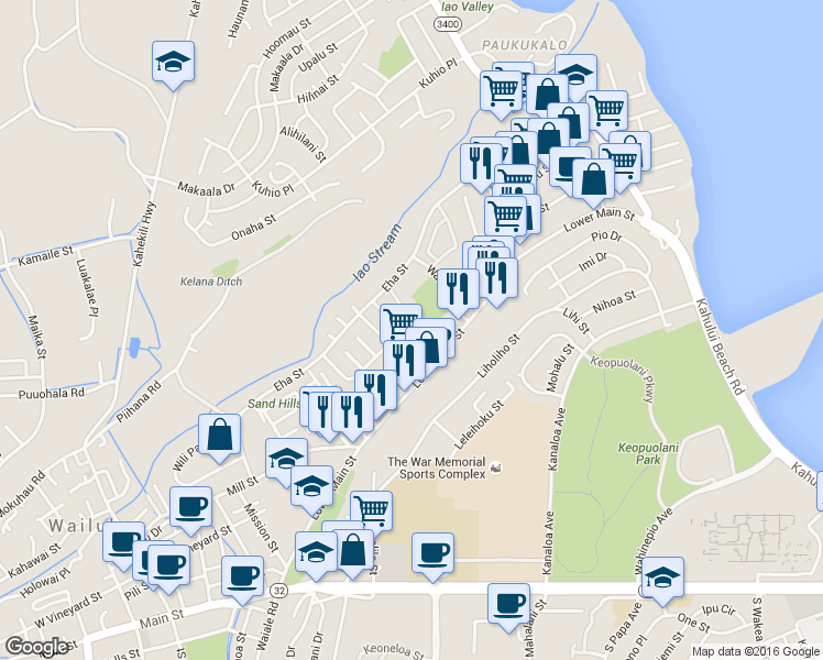 map of restaurants, bars, coffee shops, grocery stores, and more near 80 Waiaka Lane in Wailuku