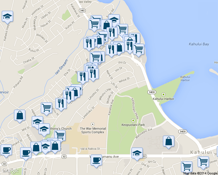 map of restaurants, bars, coffee shops, grocery stores, and more near 399 Mikohu Loop in Kahului