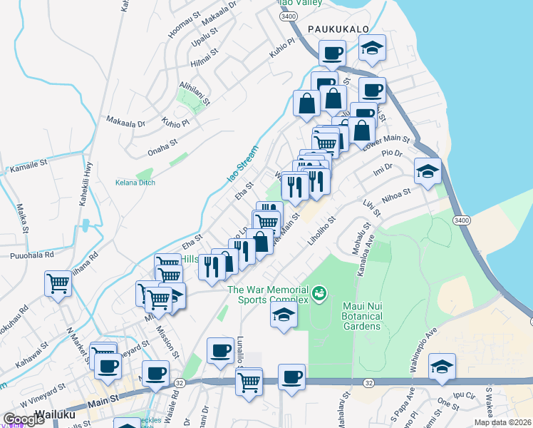 map of restaurants, bars, coffee shops, grocery stores, and more near 55 Waiaka Lane in Wailuku