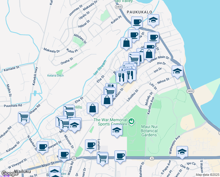 map of restaurants, bars, coffee shops, grocery stores, and more near 55 Waiaka Lane in Wailuku