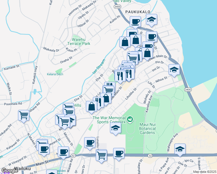 map of restaurants, bars, coffee shops, grocery stores, and more near 55 Waiaka Lane in Wailuku